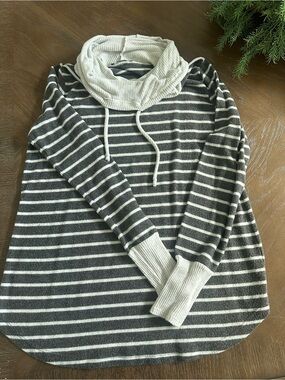 Pink Clover Striped Cowl Neck Sweater in Gray & White